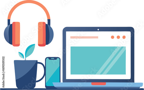 Orange headphones laptop phone and plant in cup illustration earphones mobile phone