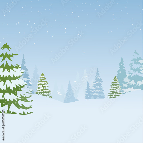 Snowy forest with snowdrifts and snow-covered spruce branches