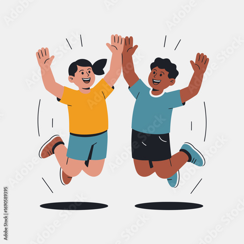 Two Children High Fiving and Jumping with Joy kids high five