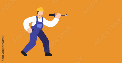 Construction worker in hard hat and overalls looking through a tool, symbolizing inspection, planning, or future vision for business and industry projects.