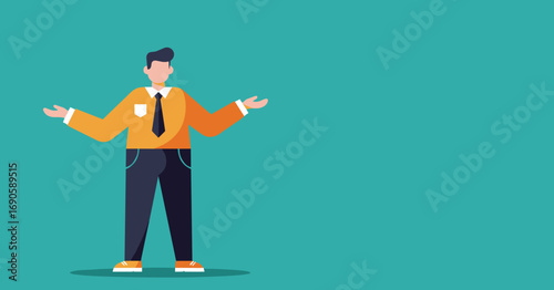 Cartoon businessman in casual attire gestures with open arms, presenting ideas or offering choices. Perfect for modern business communication and lifestyle concepts.