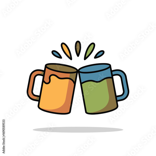 Two colorful mugs clinking together with splash effect on white background cheers