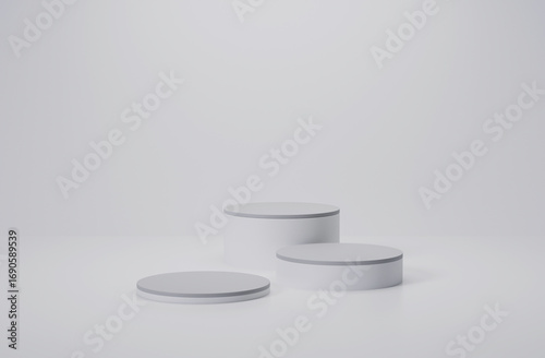 3d render of minimalist three podium showcase stage in interior room white studio and lighting for product display abstract bright background.