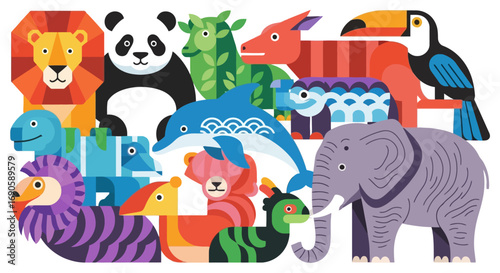 Colorful collection of stylized wild animals illustration.