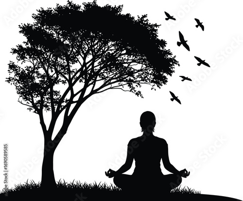 Silhouette of Woman Meditating Under Tree with Birds Flying Above