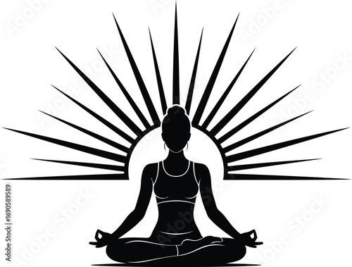 Silhouette woman meditating with sun rays for wellness and mindfulness