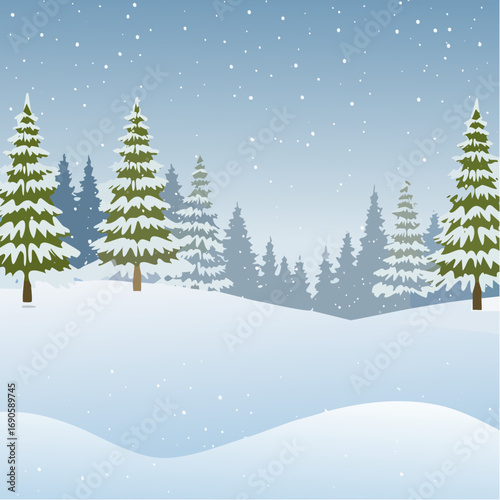 Snowy forest with snowdrifts and snow-covered spruce branches