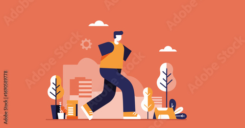 Man walking casually through a vibrant urban park or city street, embodying an active, healthy, and relaxed lifestyle. Ideal for business, travel, or wellness themes.
