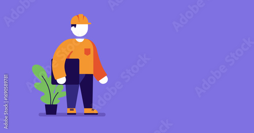 Stylized illustration of an architect or construction worker in a hard hat, holding a plan. Ideal for industry, safety, and project management concepts.