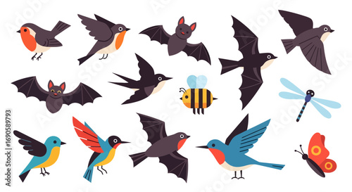Various birds and insects flying in the sky illustration.
