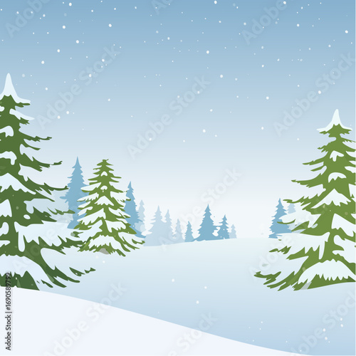 Snowy forest with snowdrifts and snow-covered spruce branches