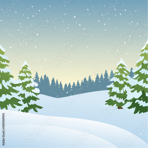 Snowy forest with snowdrifts and snow-covered spruce branches
