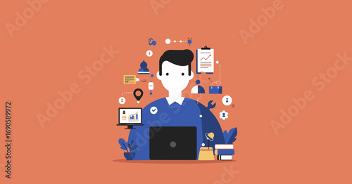 Person working on laptop, surrounded by icons representing project management, data analysis, task organization, and business solutions. Concept of productivity, remote work, and digital innovation.