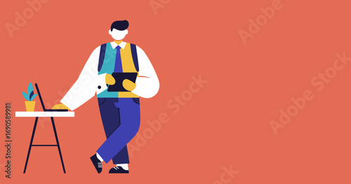 Modern professional illustration of a man working remotely with a laptop and tablet, symbolizing digital communication, productivity, and flexible work.