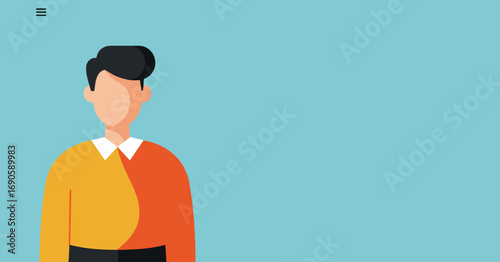 Minimalist vector illustration of a faceless male avatar in a split-color shirt on a blue background, suitable for digital design, user profiles, or business concepts.