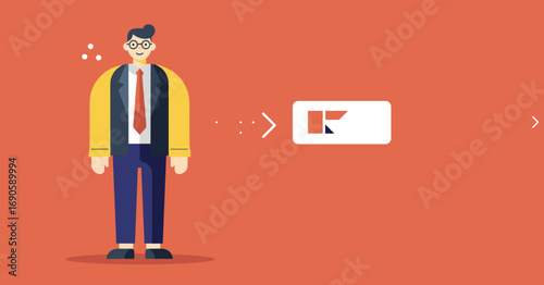 Smiling businessman in flat design style, visualizing a business concept or developing a brand. Perfect for marketing, strategy, and innovation.