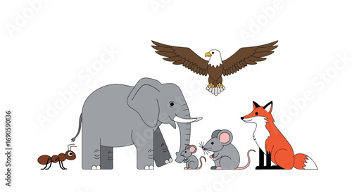 Various Animals Elephant Fox Eagle Mouse Ant Together.