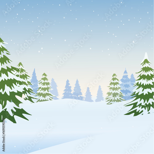 Snowy forest with snowdrifts and snow-covered spruce branches
