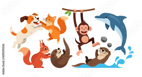 Playful Animal Cartoon Characters - Dog, Cat, Monkey, Dolphin, Squirrel, Otter.
