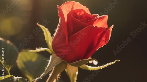 A close-up video of a single red rose swaying gently in the breeze with sunlight.