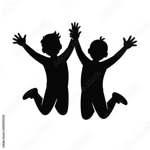 Two Silhouettes of Children Jumping and High- Fiving on White Background high five