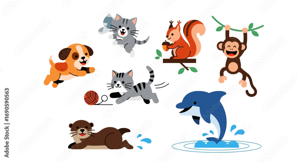 Obraz premium Cute cartoon animals collection dog cat squirrel monkey dolphin otter.