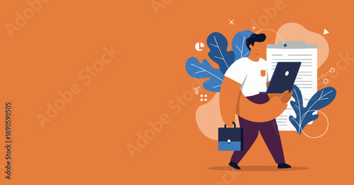 Dynamic illustration of a man on the move, engaged with his laptop and carrying a briefcase, symbolizing modern work, productivity, and digital business solutions.