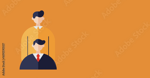 Illustration of a mentor figure guiding a younger professional on an orange background, symbolizing growth, support, and business development.