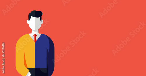Illustration of a business professional representing duality, choice, or different aspects. Ideal for concepts like work-life balance, contrasting options, or split roles.