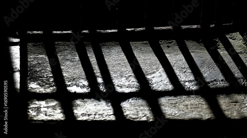 Dark, shadowy interior with metal bars casting lines on a stone floor