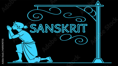 Kneeling Figure in Prayer Beside Sanskrit Sign with Decorative Swirls