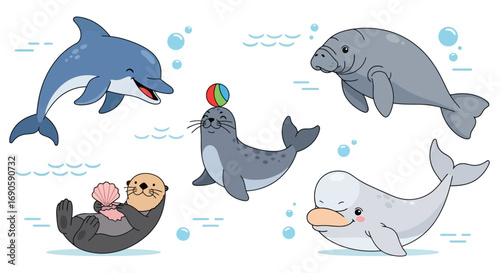 Cute Cartoon Marine Mammals and Sea Animals Set.