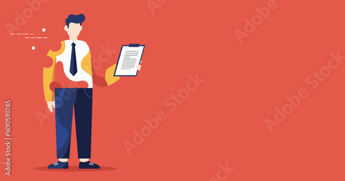 Professional man in business attire holding a clipboard with documents on a vibrant red background. Ideal for concepts like tasks, surveys, service, or administrative work.