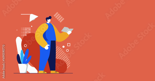 Vibrant illustration of a person reading a book, surrounded by creative abstract shapes, representing focus, learning, and developing new ideas for business and education.