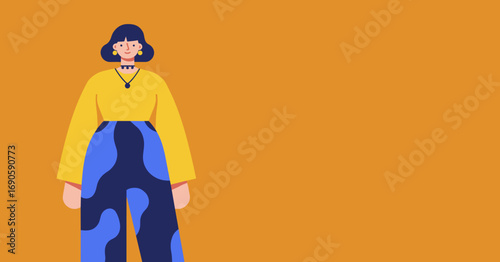 Stylish young woman illustration in vibrant yellow and blue, standing on an orange background with copy space. Modern fashion and individuality concept.
