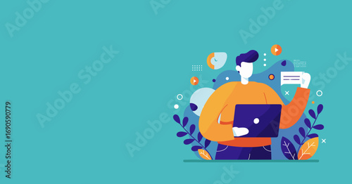 Person actively working on a laptop, engaging with digital content and communication. Ideal for concepts of online learning, remote work, or business technology.