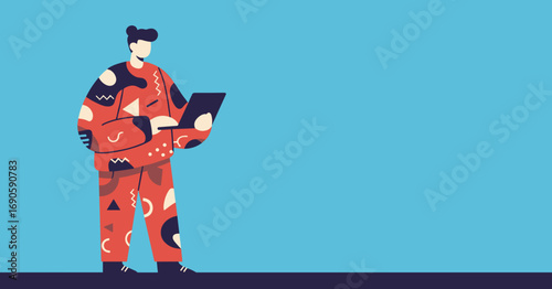 Modern stylized person engaged with a tablet, symbolizing digital work, creative development, and contemporary technology use. Ideal for business and lifestyle concepts.