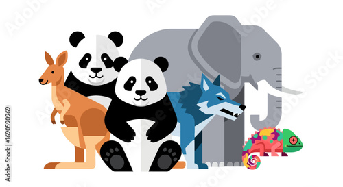 Group of cute animals in colorful illustration.