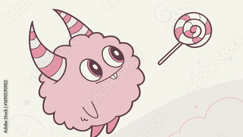 Pink Fluffy Monster with Striped Horns Eyes Lollipop