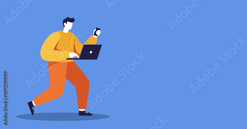 A person actively multitasking, walking while using a laptop and smartphone. Represents productivity, remote work, and mobile connectivity. Ideal for business, technology, and lifestyle concepts.
