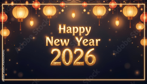 Happy New Year 2026 Lantern Celebration Design Glowing Golden Text with Hanging Lights on Dark Background Festive Holiday Greeting for Seasonal and Cultural Themes