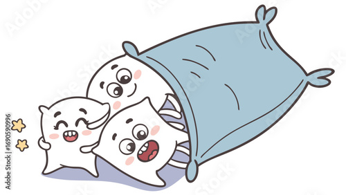 Playful Pillow Pals Cartoon Pillows Having Fun in a Blue Pillowcase