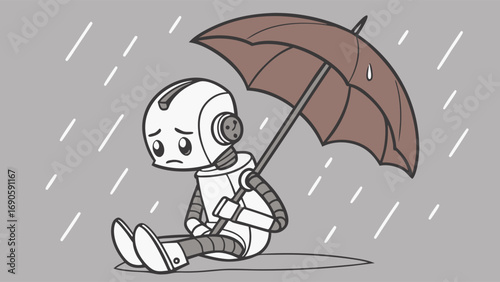 Sad Robot Sitting in the Rain Under an Umbrella with a Droplet