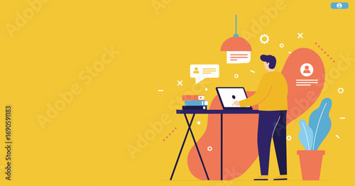 Professional man working on laptop in a modern digital workspace, symbolizing remote work, online communication, and productive lifestyle. Ideal for business concepts.