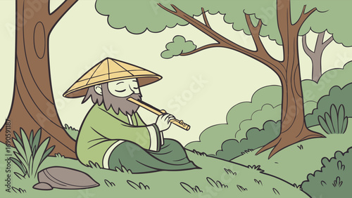Serene Asian Man Playing Bamboo Flute in Lush Forest