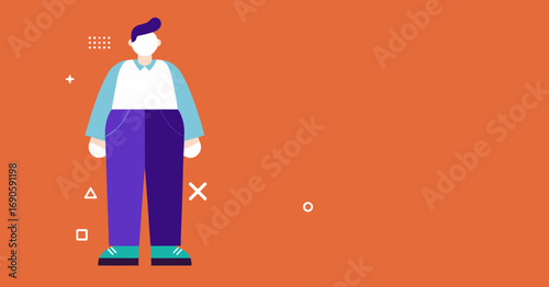 Minimalist illustration of a standing person in casual attire on an orange background with copy space. Ideal for business, lifestyle, or tech concepts.