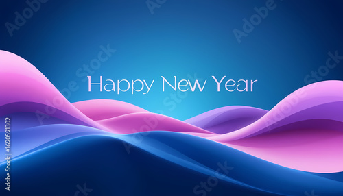 Happy New Year Abstract Wave Background Colorful Flowing Shapes in Pink, Purple, and Blue Modern 2026 Celebration Design with Gradient Style