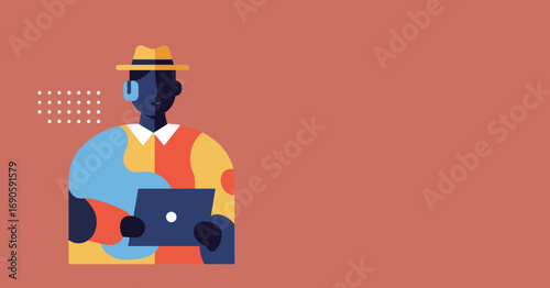 Creative person in a hat and headphones using a laptop, embodying modern digital work, remote learning, or online entertainment. Ideal for technology, lifestyle, and business concepts.