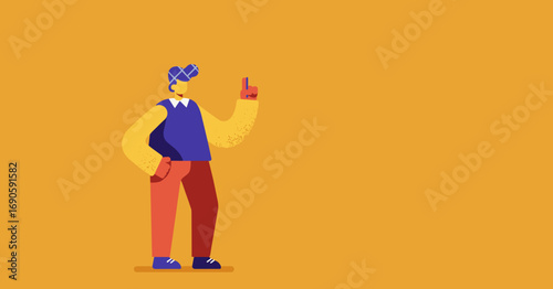 Animated character in a flat design style pointing upwards, suggesting an idea, solution, or important information. Ideal for business, education, or lifestyle concepts with copy space.