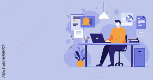 Man working remotely on laptop at desk, surrounded by digital documents and data. Represents freelance work, online business, and productivity.